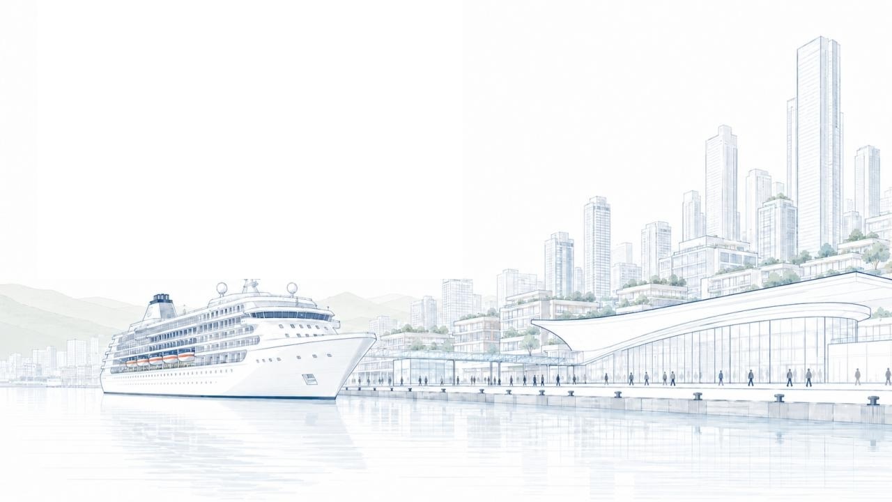Ilustración de puerto, crucero y frente marítimo urbano